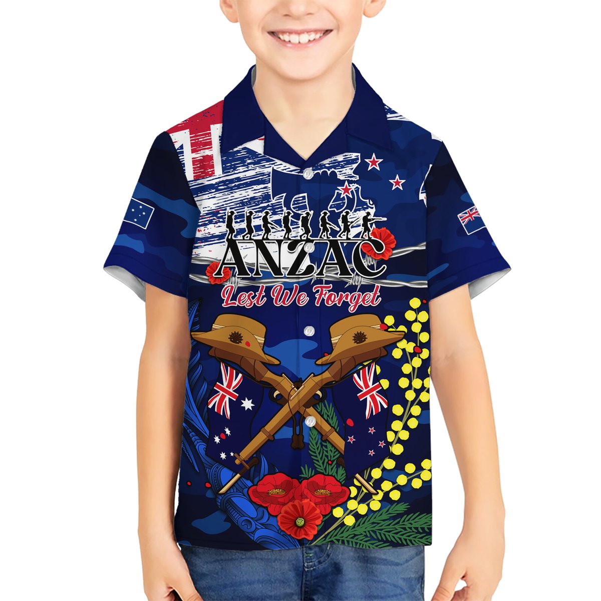 Australia And New Zealand ANZAC Day Hawaiian Shirt Lest We Forget Silver Fern With Golden Wattle LT14 - Polynesian Pride