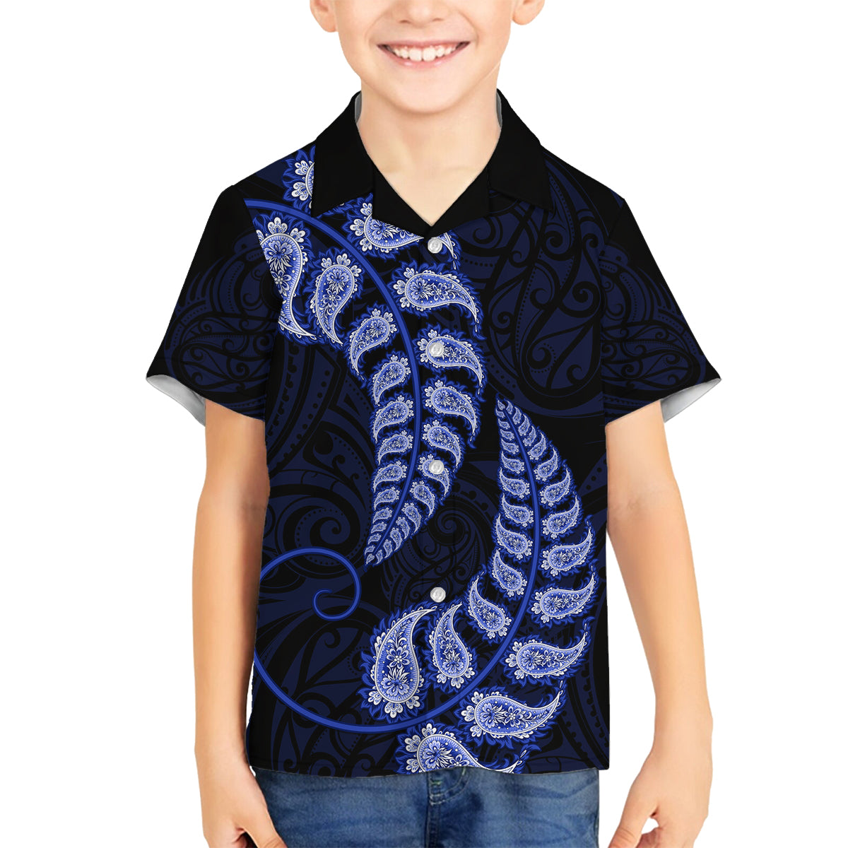 Blue New Zealand Paisley Silver Fern Family Matching Off Shoulder Maxi Dress and Hawaiian Shirt Aotearoa Maori LT14 Son's Shirt Blue - Polynesian Pride