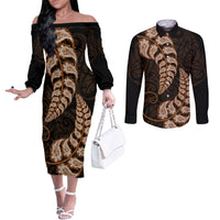 Brown New Zealand Paisley Silver Fern Couples Matching Off The Shoulder Long Sleeve Dress and Long Sleeve Button Shirt Aotearoa Maori LT14 Brown - Polynesian Pride