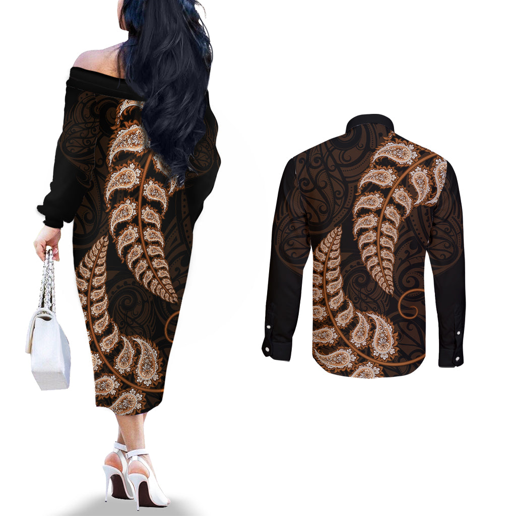 Brown New Zealand Paisley Silver Fern Couples Matching Off The Shoulder Long Sleeve Dress and Long Sleeve Button Shirt Aotearoa Maori LT14 - Polynesian Pride