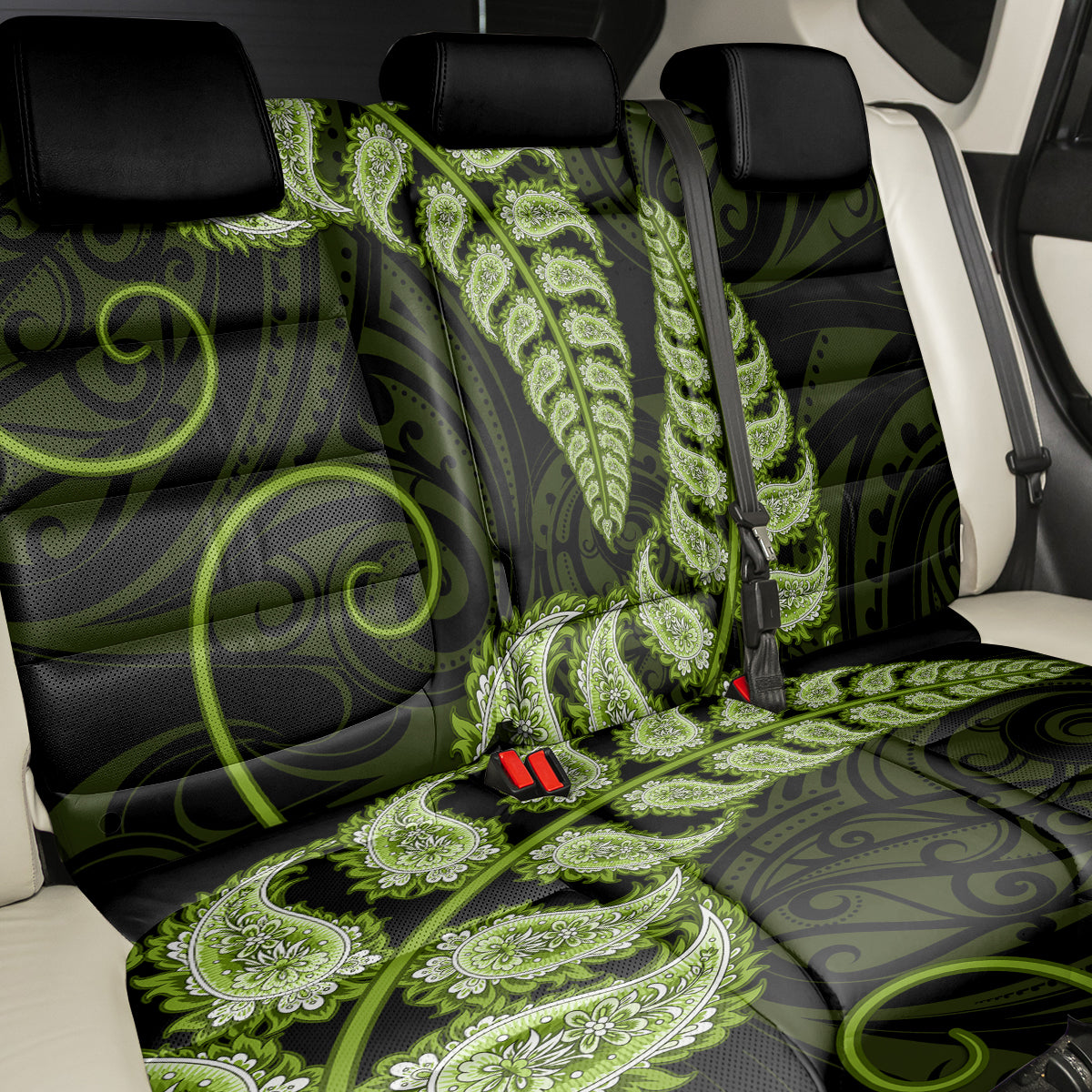 Green New Zealand Paisley Silver Fern Back Car Seat Cover Aotearoa Maori LT14 - Polynesian Pride