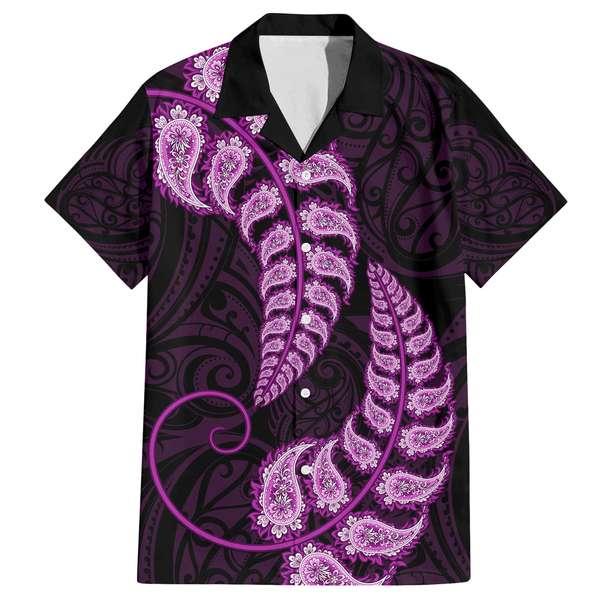 Purple New Zealand Paisley Silver Fern Family Matching Tank Maxi Dress and Hawaiian Shirt Aotearoa Maori LT14 Dad's Shirt - Short Sleeve Purple - Polynesian Pride