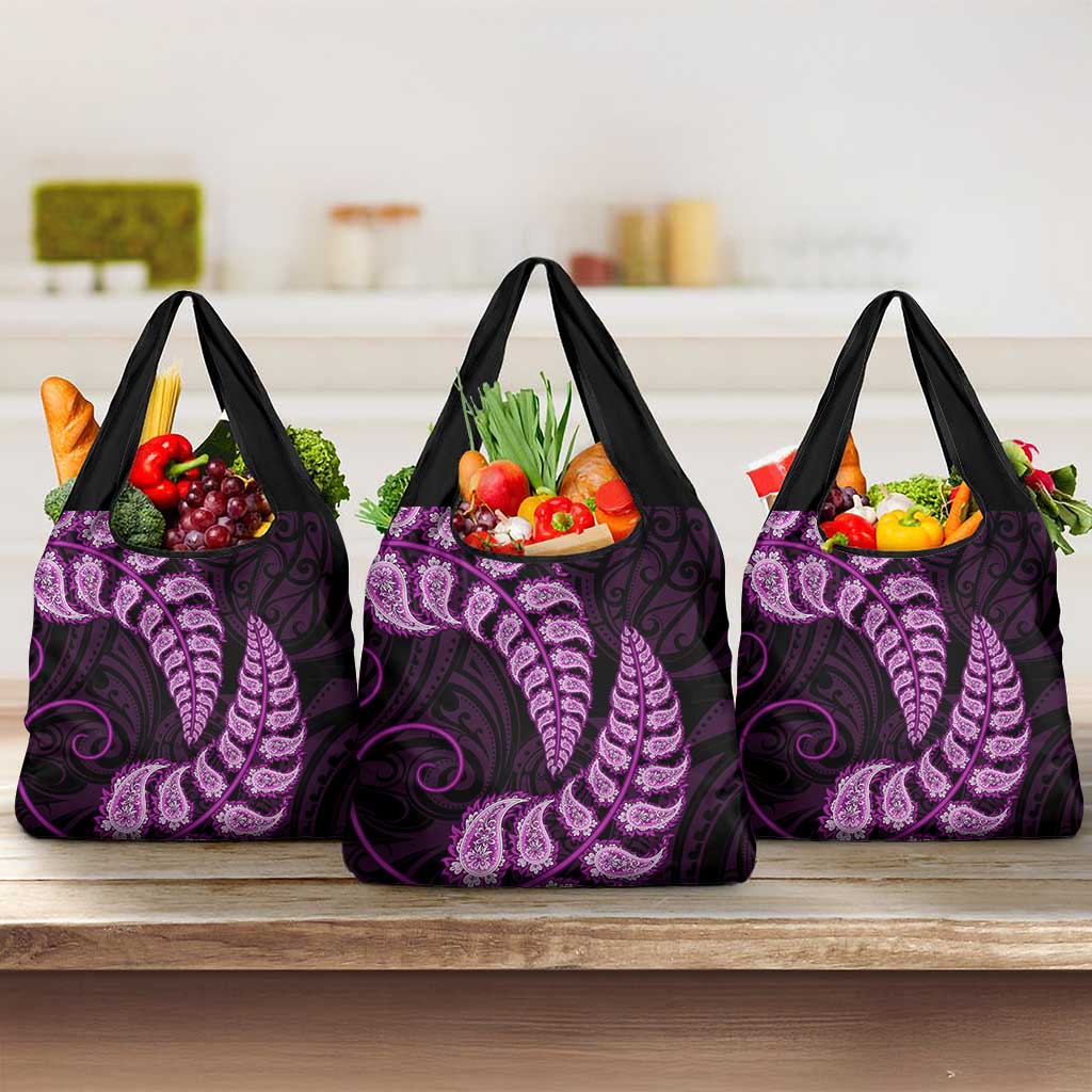 Purple New Zealand Paisley Silver Fern Grocery Bag Aotearoa Maori LT14 3-pack One Size Purple - Polynesian Pride
