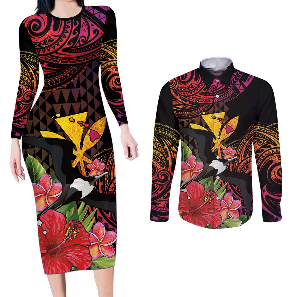 Hawaii Iwa Bird Couples Matching Long Sleeve Bodycon Dress and Long Sleeve Button Shirt Great Frigatebird Kanaka Tropical Hippie Style LT14 Black - Polynesian Pride
