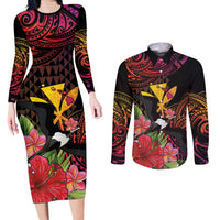 Hawaii Iwa Bird Couples Matching Long Sleeve Bodycon Dress and Long Sleeve Button Shirt Great Frigatebird Kanaka Tropical Hippie Style LT14 Black - Polynesian Pride
