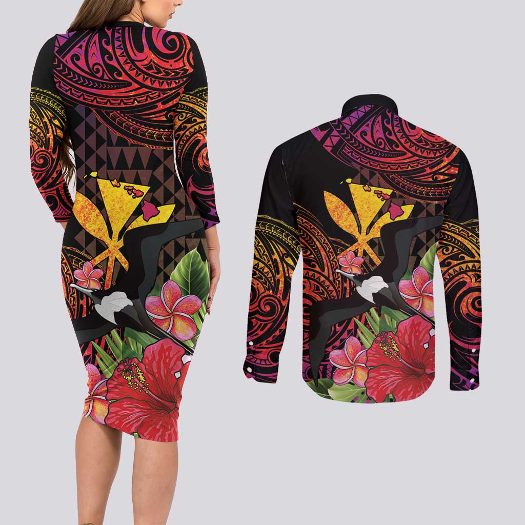 Hawaii Iwa Bird Couples Matching Long Sleeve Bodycon Dress and Long Sleeve Button Shirt Great Frigatebird Kanaka Tropical Hippie Style LT14 - Polynesian Pride
