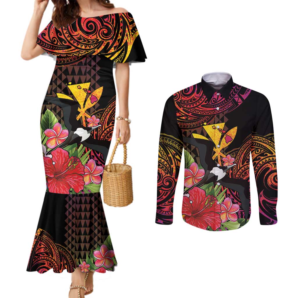 Hawaii Iwa Bird Couples Matching Mermaid Dress and Long Sleeve Button Shirt Great Frigatebird Kanaka Tropical Hippie Style LT14 Black - Polynesian Pride