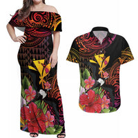 Hawaii Iwa Bird Couples Matching Off Shoulder Maxi Dress and Hawaiian Shirt Great Frigatebird Kanaka Tropical Hippie Style LT14 Black - Polynesian Pride