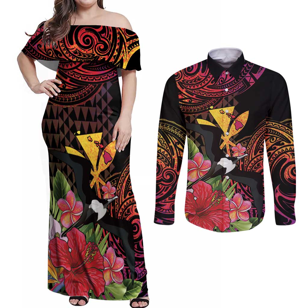 Hawaii Iwa Bird Couples Matching Off Shoulder Maxi Dress and Long Sleeve Button Shirt Great Frigatebird Kanaka Tropical Hippie Style LT14 Black - Polynesian Pride