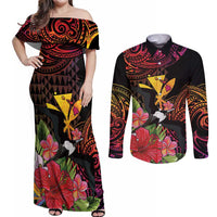 Hawaii Iwa Bird Couples Matching Off Shoulder Maxi Dress and Long Sleeve Button Shirt Great Frigatebird Kanaka Tropical Hippie Style LT14 Black - Polynesian Pride