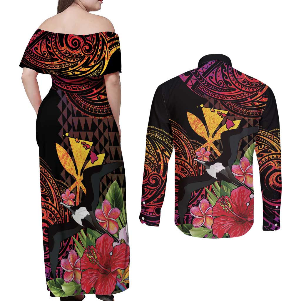 Hawaii Iwa Bird Couples Matching Off Shoulder Maxi Dress and Long Sleeve Button Shirt Great Frigatebird Kanaka Tropical Hippie Style LT14 - Polynesian Pride