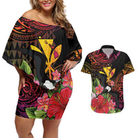 Hawaii Iwa Bird Couples Matching Off Shoulder Short Dress and Hawaiian Shirt Great Frigatebird Kanaka Tropical Hippie Style LT14 Black - Polynesian Pride
