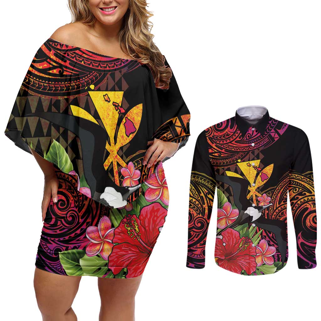 Hawaii Iwa Bird Couples Matching Off Shoulder Short Dress and Long Sleeve Button Shirt Great Frigatebird Kanaka Tropical Hippie Style LT14 Black - Polynesian Pride