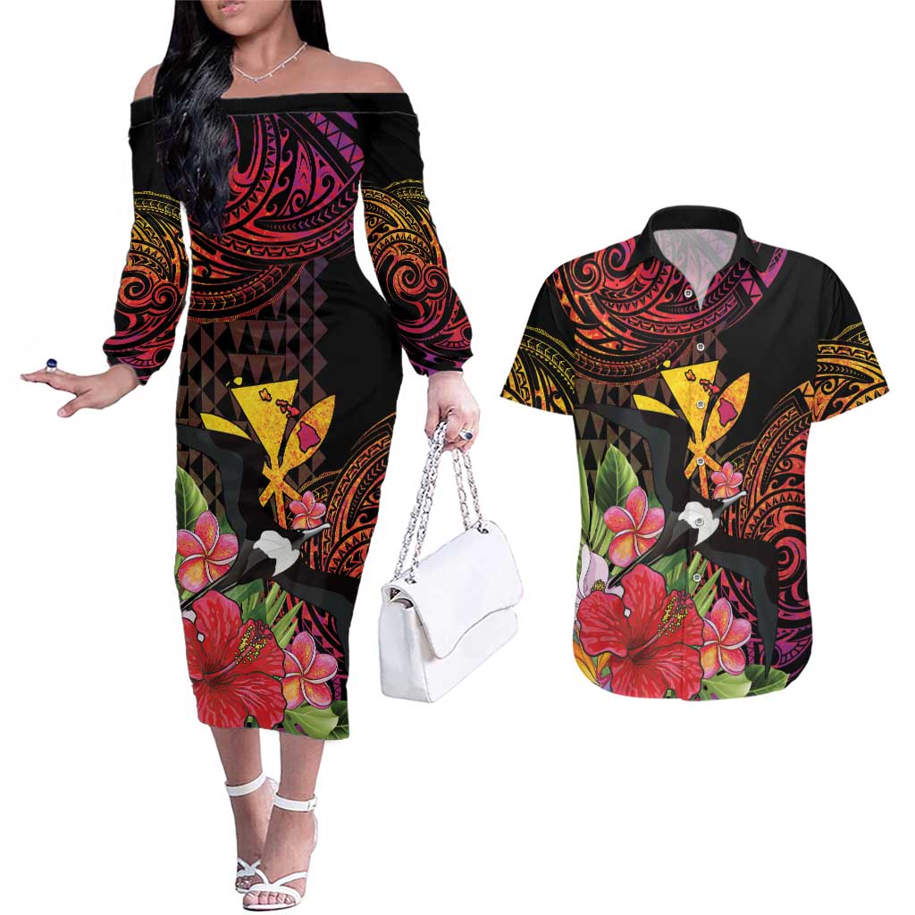 Hawaii Iwa Bird Couples Matching Off The Shoulder Long Sleeve Dress and Hawaiian Shirt Great Frigatebird Kanaka Tropical Hippie Style LT14 Black - Polynesian Pride