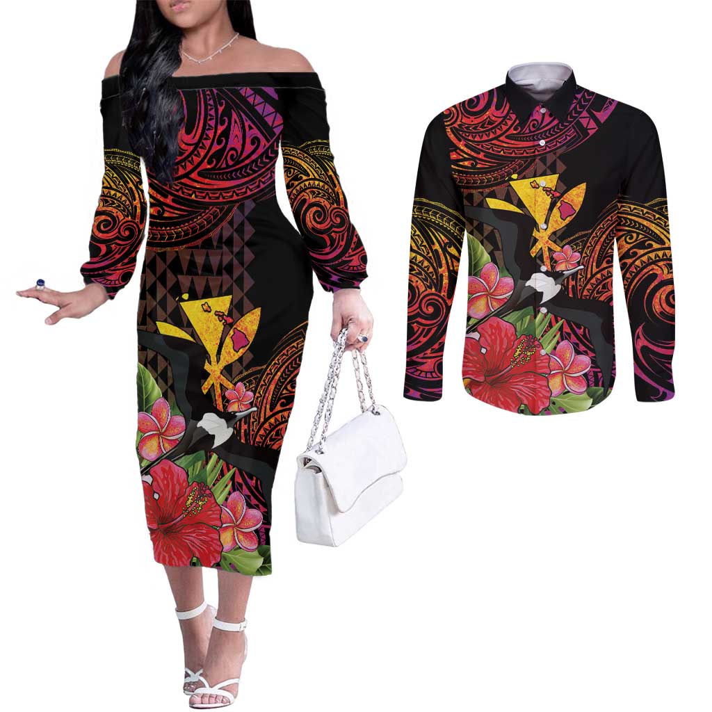 Hawaii Iwa Bird Couples Matching Off The Shoulder Long Sleeve Dress and Long Sleeve Button Shirt Great Frigatebird Kanaka Tropical Hippie Style LT14 Black - Polynesian Pride