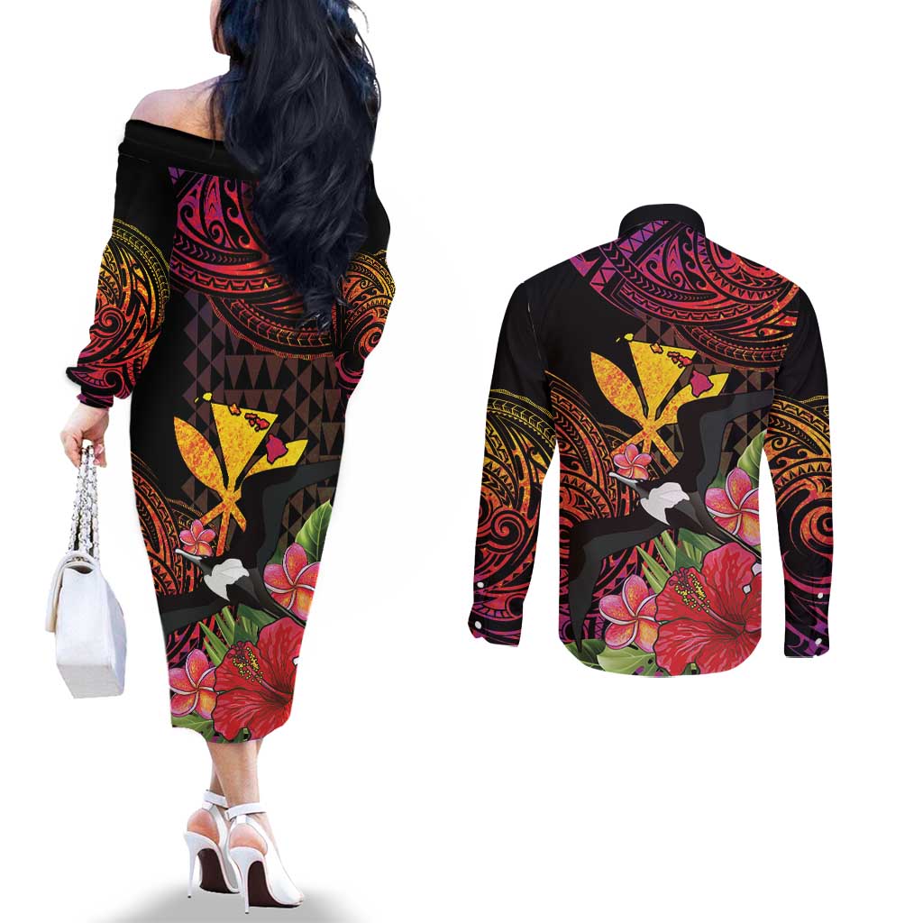 Hawaii Iwa Bird Couples Matching Off The Shoulder Long Sleeve Dress and Long Sleeve Button Shirt Great Frigatebird Kanaka Tropical Hippie Style LT14 - Polynesian Pride