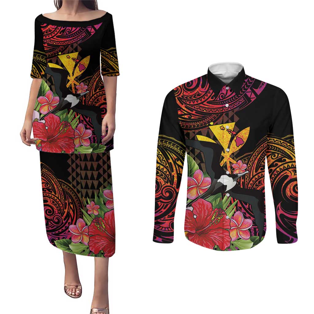 Hawaii Iwa Bird Couples Matching Puletasi and Long Sleeve Button Shirt Great Frigatebird Kanaka Tropical Hippie Style LT14 Black - Polynesian Pride