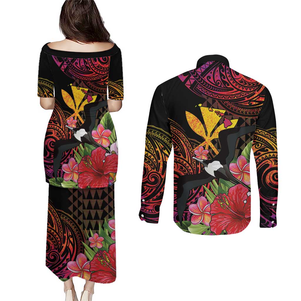Hawaii Iwa Bird Couples Matching Puletasi and Long Sleeve Button Shirt Great Frigatebird Kanaka Tropical Hippie Style LT14 - Polynesian Pride