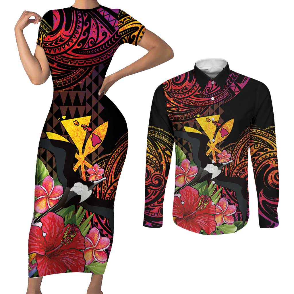 Hawaii Iwa Bird Couples Matching Short Sleeve Bodycon Dress and Long Sleeve Button Shirt Great Frigatebird Kanaka Tropical Hippie Style LT14 Black - Polynesian Pride