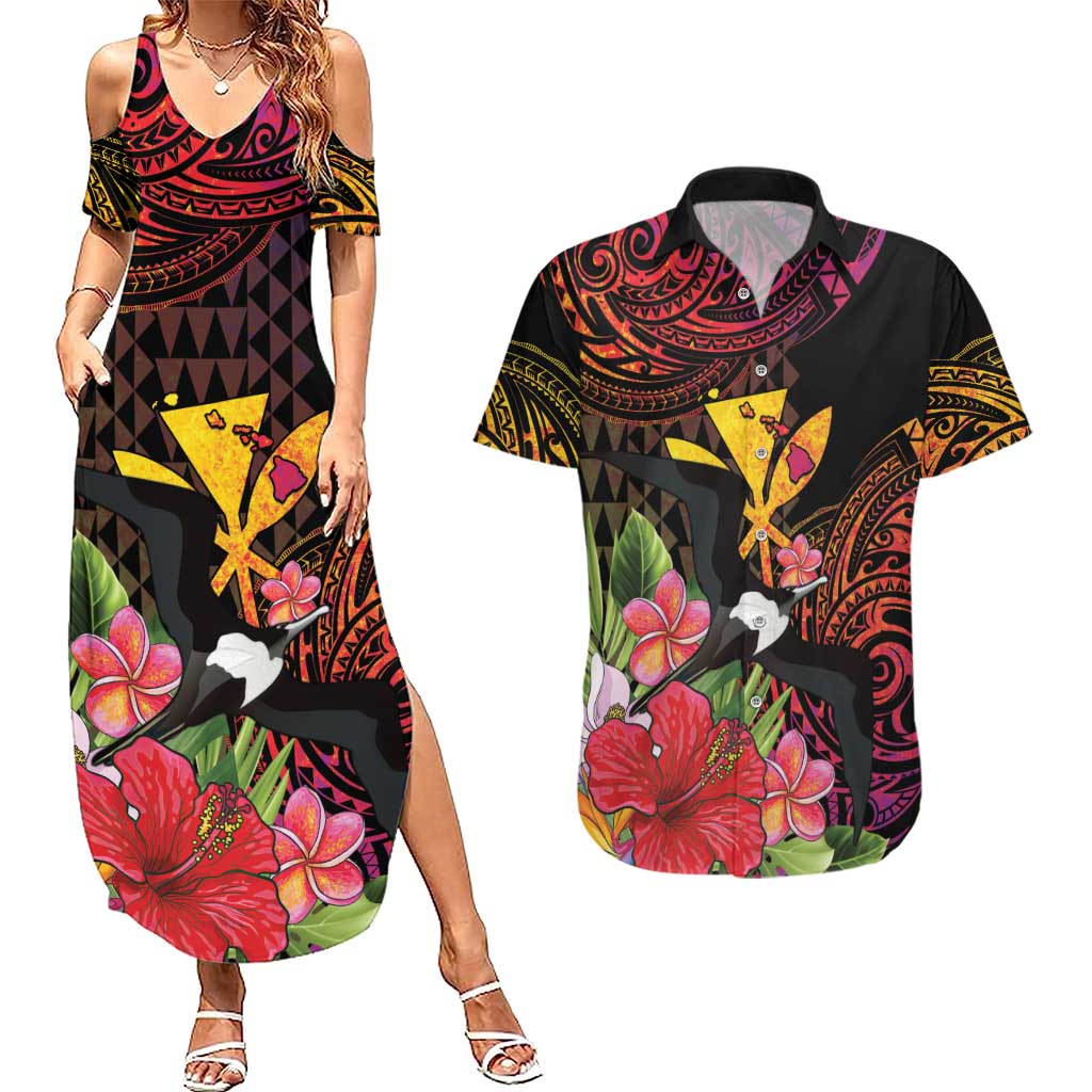 Hawaii Iwa Bird Couples Matching Summer Maxi Dress and Hawaiian Shirt Great Frigatebird Kanaka Tropical Hippie Style LT14 Black - Polynesian Pride