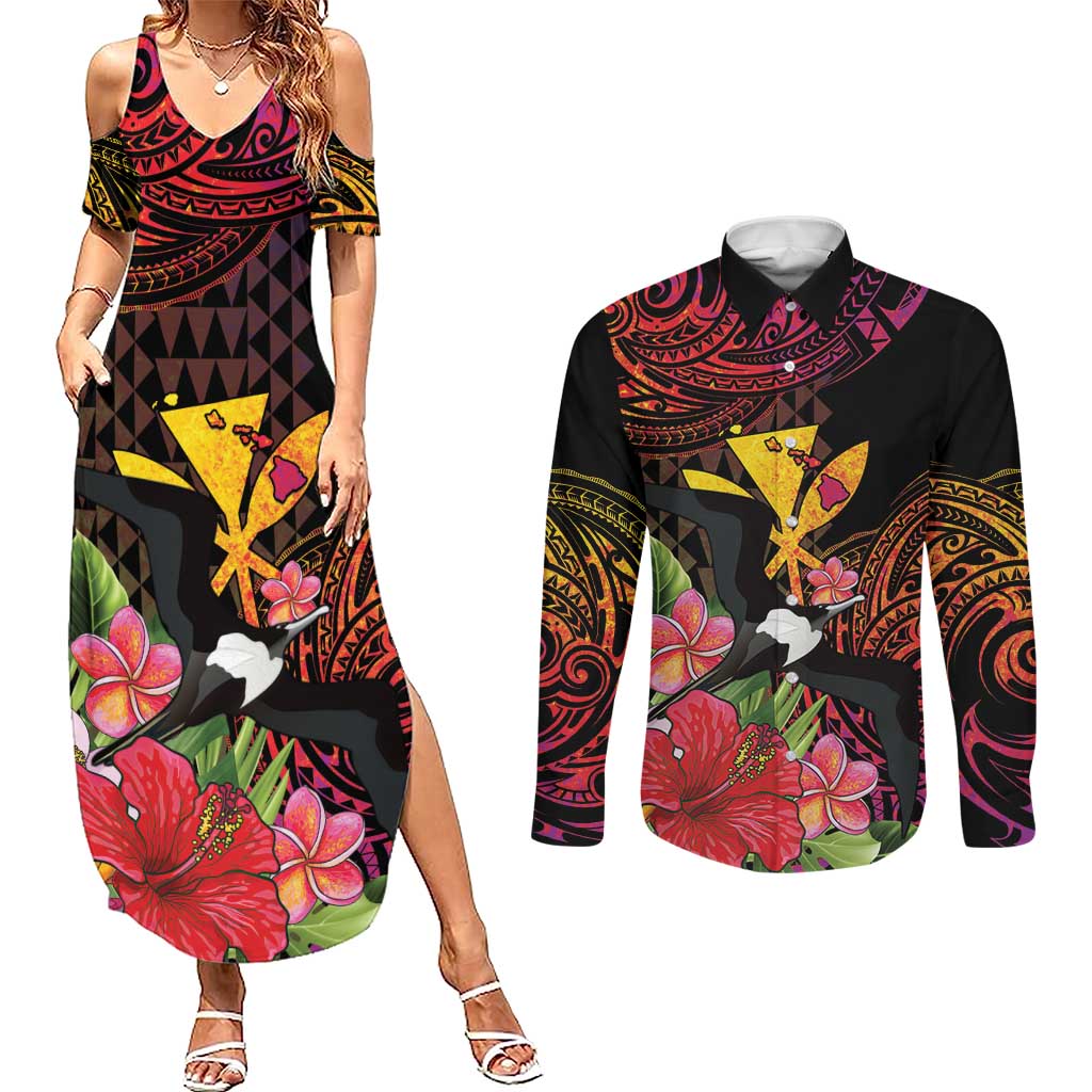 Hawaii Iwa Bird Couples Matching Summer Maxi Dress and Long Sleeve Button Shirt Great Frigatebird Kanaka Tropical Hippie Style LT14 Black - Polynesian Pride
