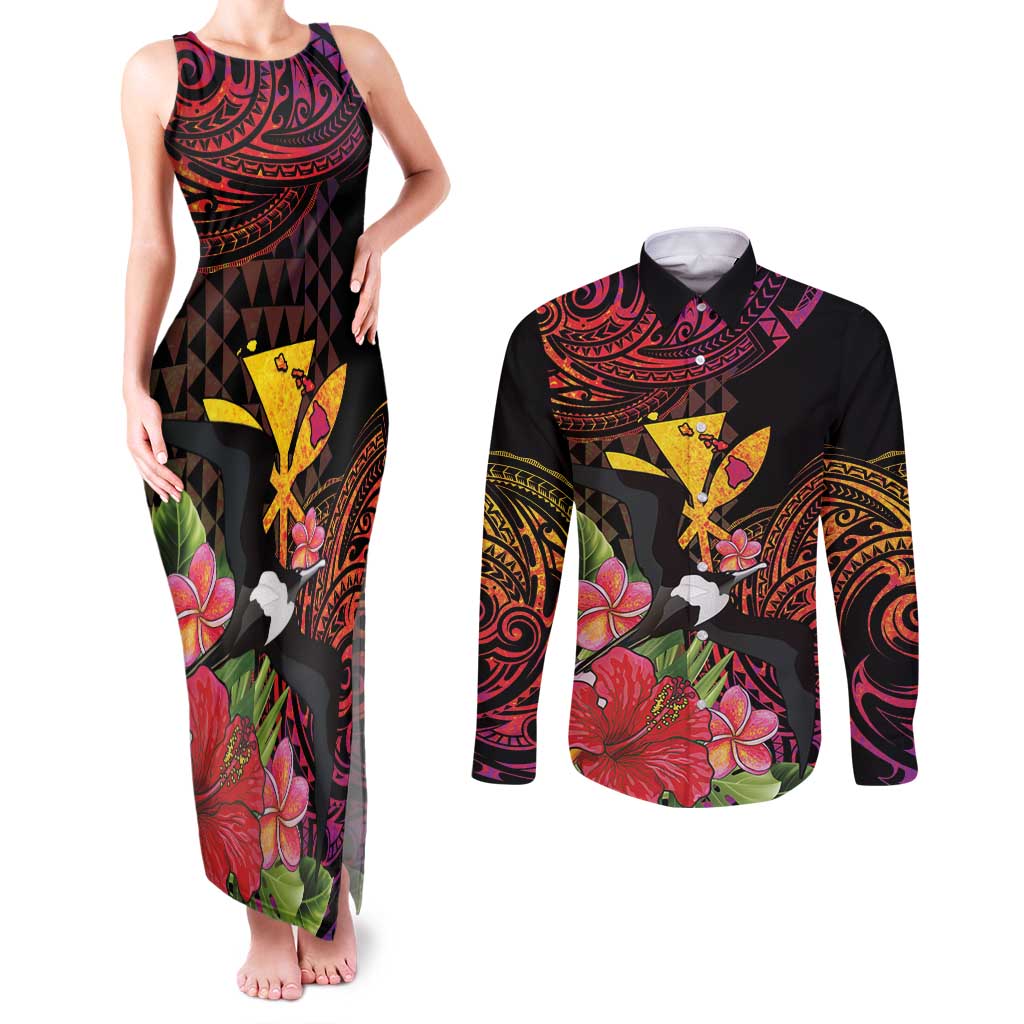 Hawaii Iwa Bird Couples Matching Tank Maxi Dress and Long Sleeve Button Shirt Great Frigatebird Kanaka Tropical Hippie Style LT14 Black - Polynesian Pride
