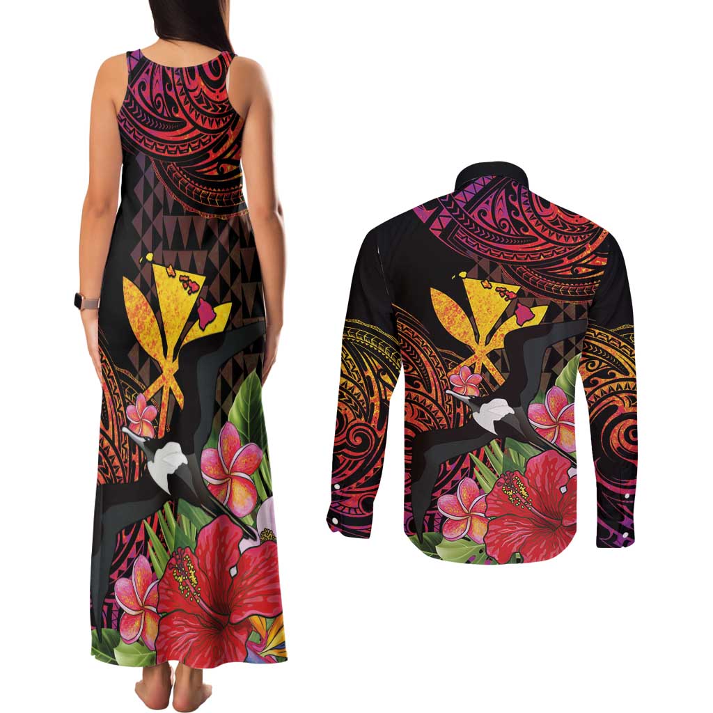 Hawaii Iwa Bird Couples Matching Tank Maxi Dress and Long Sleeve Button Shirt Great Frigatebird Kanaka Tropical Hippie Style LT14 - Polynesian Pride