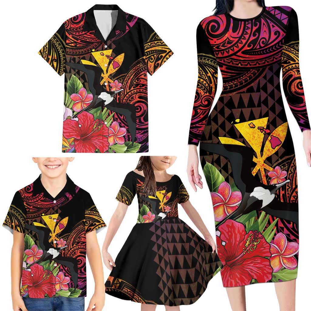 Hawaii Iwa Bird Family Matching Long Sleeve Bodycon Dress and Hawaiian Shirt Great Frigatebird Kanaka Tropical Hippie Style LT14 - Polynesian Pride