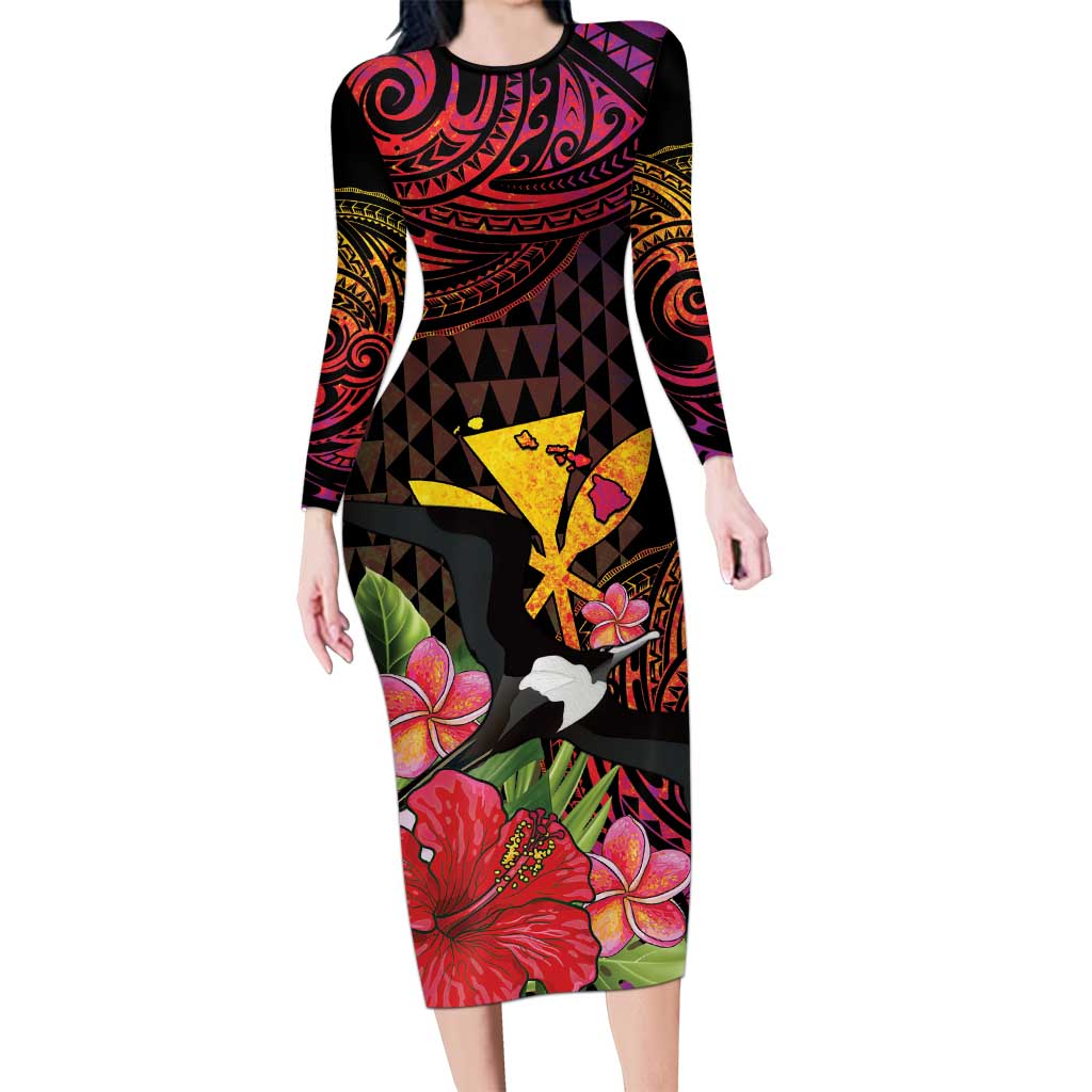 Hawaii Iwa Bird Family Matching Long Sleeve Bodycon Dress and Hawaiian Shirt Great Frigatebird Kanaka Tropical Hippie Style LT14 Mom's Dress Black - Polynesian Pride