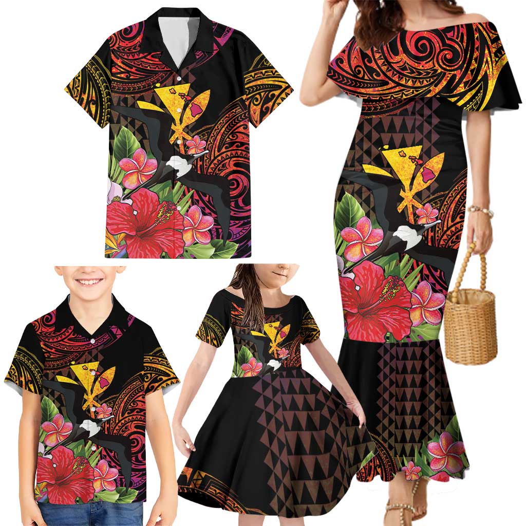 Hawaii Iwa Bird Family Matching Mermaid Dress and Hawaiian Shirt Great Frigatebird Kanaka Tropical Hippie Style LT14 - Polynesian Pride