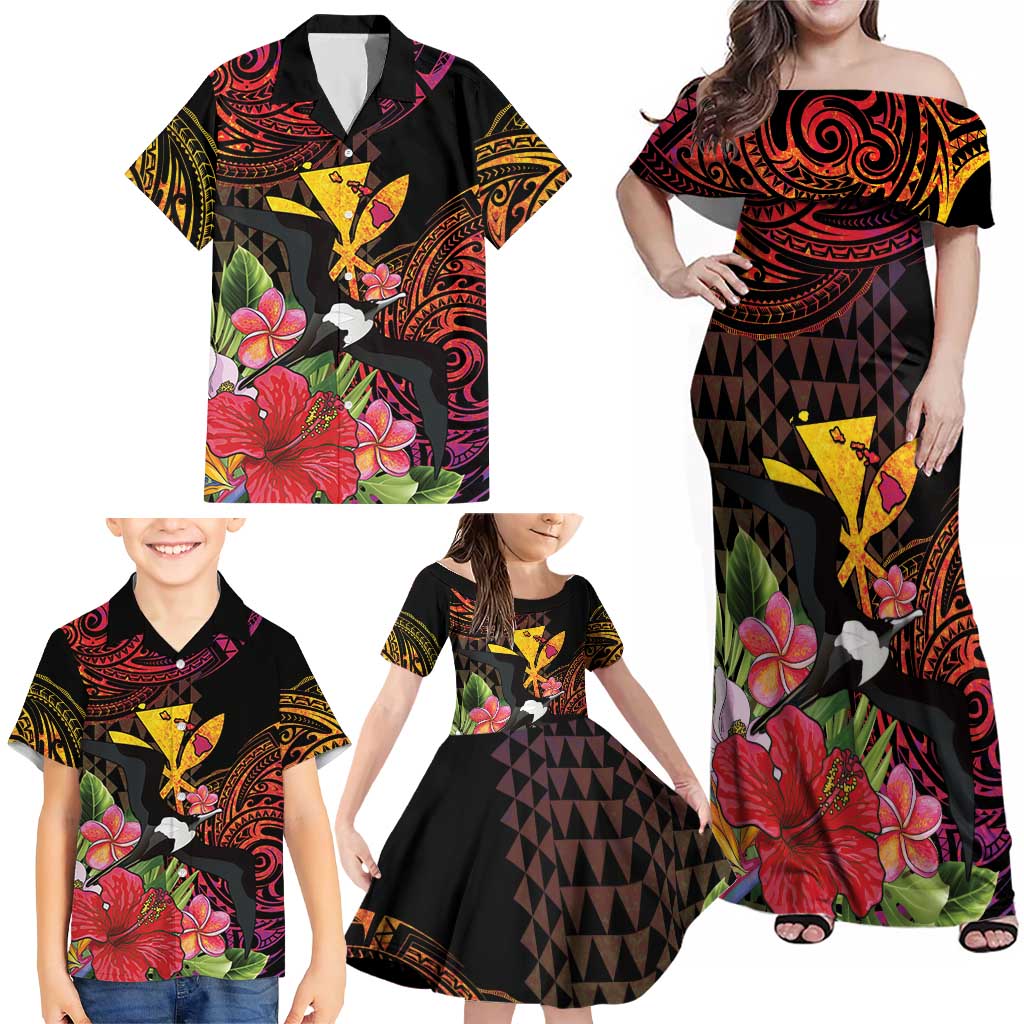 Hawaii Iwa Bird Family Matching Off Shoulder Maxi Dress and Hawaiian Shirt Great Frigatebird Kanaka Tropical Hippie Style LT14 - Polynesian Pride