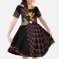 Hawaii Iwa Bird Family Matching Off Shoulder Short Dress and Hawaiian Shirt Great Frigatebird Kanaka Tropical Hippie Style LT14 Daughter's Dress Black - Polynesian Pride