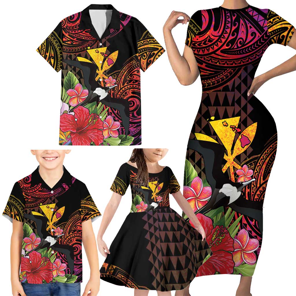 Hawaii Iwa Bird Family Matching Short Sleeve Bodycon Dress and Hawaiian Shirt Great Frigatebird Kanaka Tropical Hippie Style LT14 - Polynesian Pride