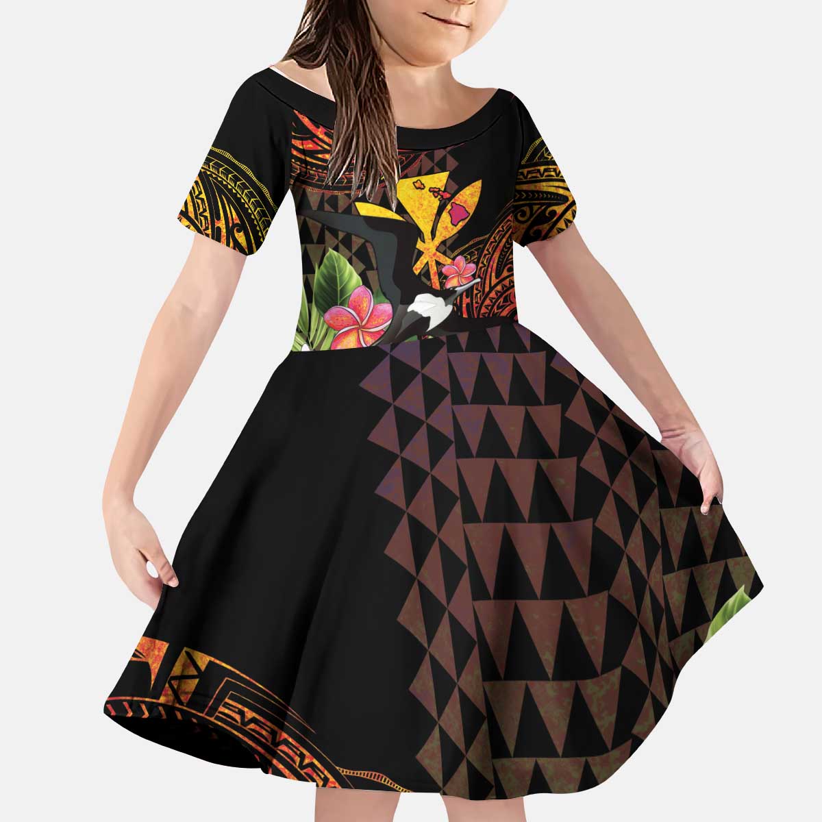Hawaii Iwa Bird Kid Short Sleeve Dress Great Frigatebird Kanaka Tropical Hippie Style LT14 KID Black - Polynesian Pride