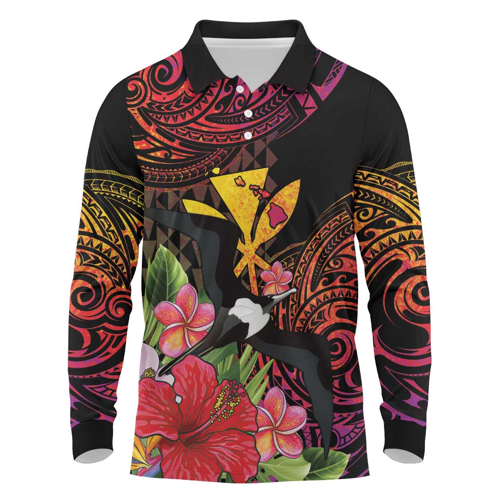 Hawaii Iwa Bird Long Sleeve Polo Shirt Great Frigatebird Kanaka Tropical Hippie Style LT14 Black - Polynesian Pride
