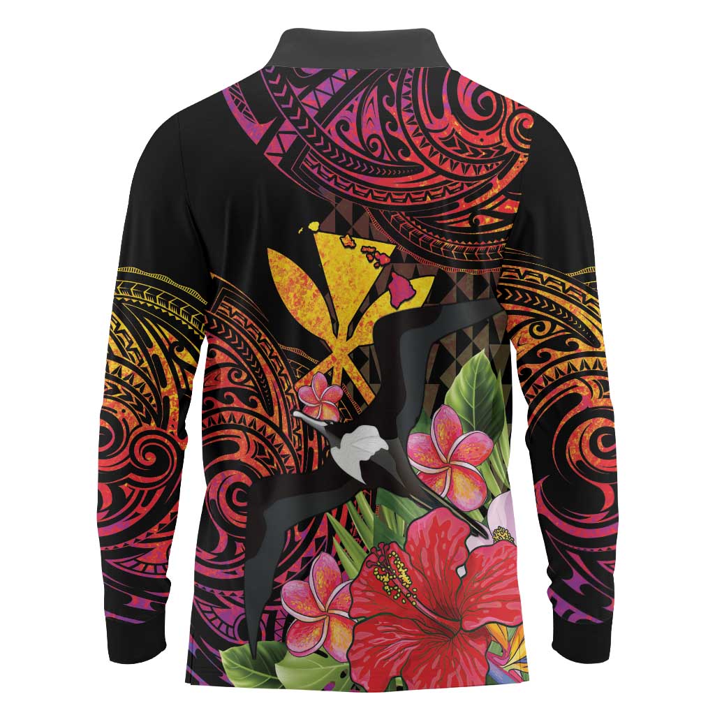 Hawaii Iwa Bird Long Sleeve Polo Shirt Great Frigatebird Kanaka Tropical Hippie Style LT14 - Polynesian Pride