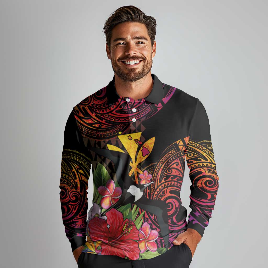 Hawaii Iwa Bird Long Sleeve Polo Shirt Great Frigatebird Kanaka Tropical Hippie Style LT14 - Polynesian Pride