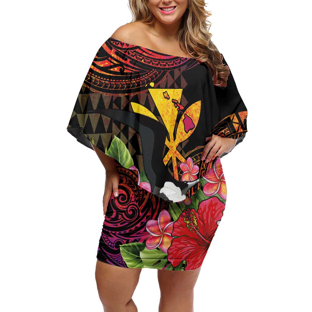 Hawaii Iwa Bird Off Shoulder Short Dress Great Frigatebird Kanaka Tropical Hippie Style LT14 Women Black - Polynesian Pride