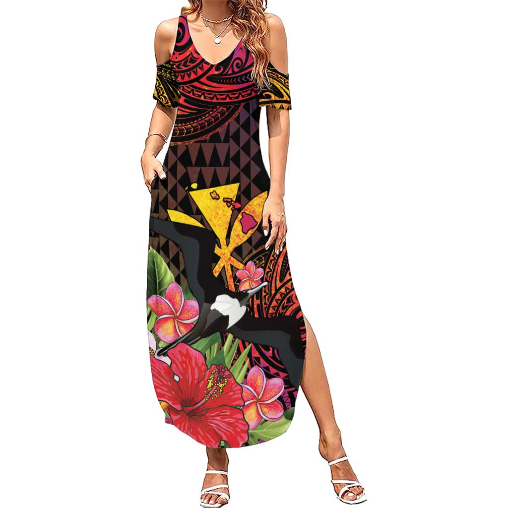 Hawaii Iwa Bird Summer Maxi Dress Great Frigatebird Kanaka Tropical Hippie Style LT14 Women Black - Polynesian Pride