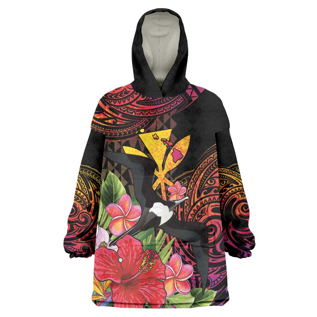 Hawaii Iwa Bird Wearable Blanket Hoodie Great Frigatebird Kanaka Tropical Hippie Style LT14 One Size Black - Polynesian Pride