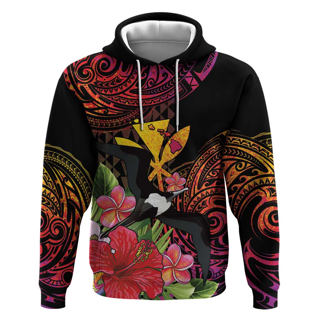 Hawaii Iwa Bird Zip Hoodie Great Frigatebird Kanaka Tropical Hippie Style LT14 Pullover Hoodie Black - Polynesian Pride