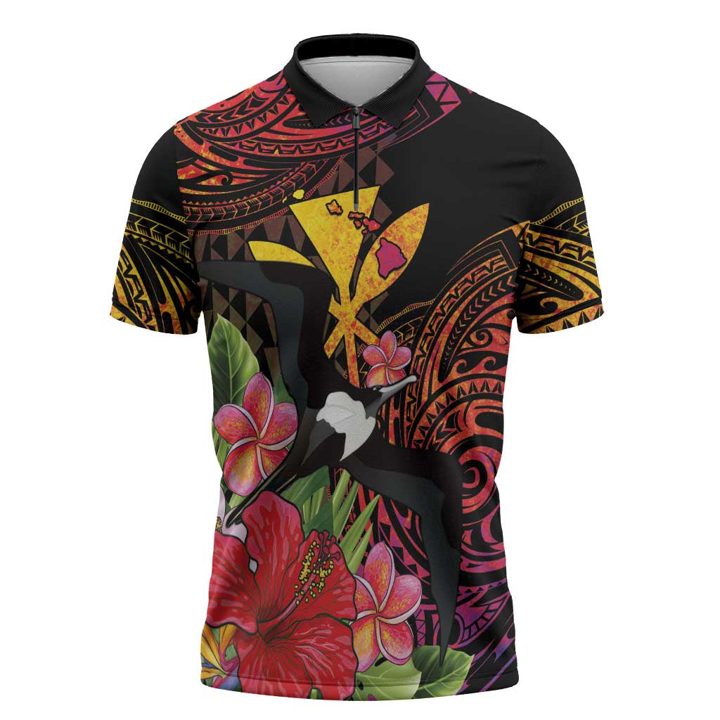 Hawaii Iwa Bird Zipper Polo Shirt Great Frigatebird Kanaka Tropical Hippie Style LT14 Black - Polynesian Pride