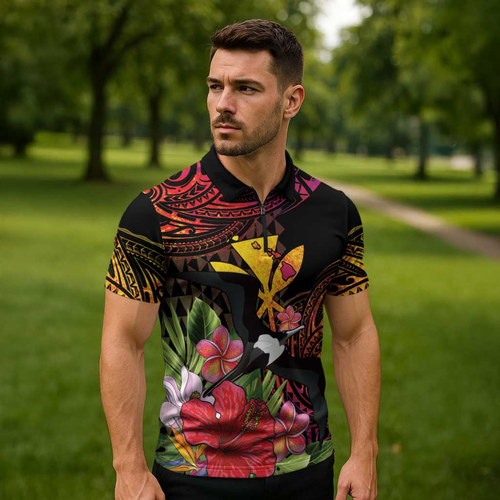 Hawaii Iwa Bird Zipper Polo Shirt Great Frigatebird Kanaka Tropical Hippie Style LT14 - Polynesian Pride