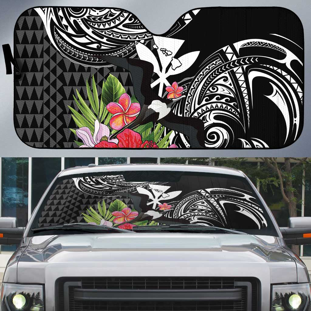 Hawaii Iwa Bird Auto Sun Shade Great Frigatebird Kanaka Tropical Flowers LT14 Black - Polynesian Pride