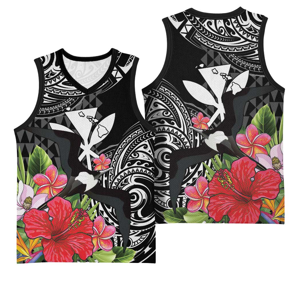 Hawaii Iwa Bird Basketball Jersey Great Frigatebird Kanaka Tropical Flowers LT14 - Polynesian Pride