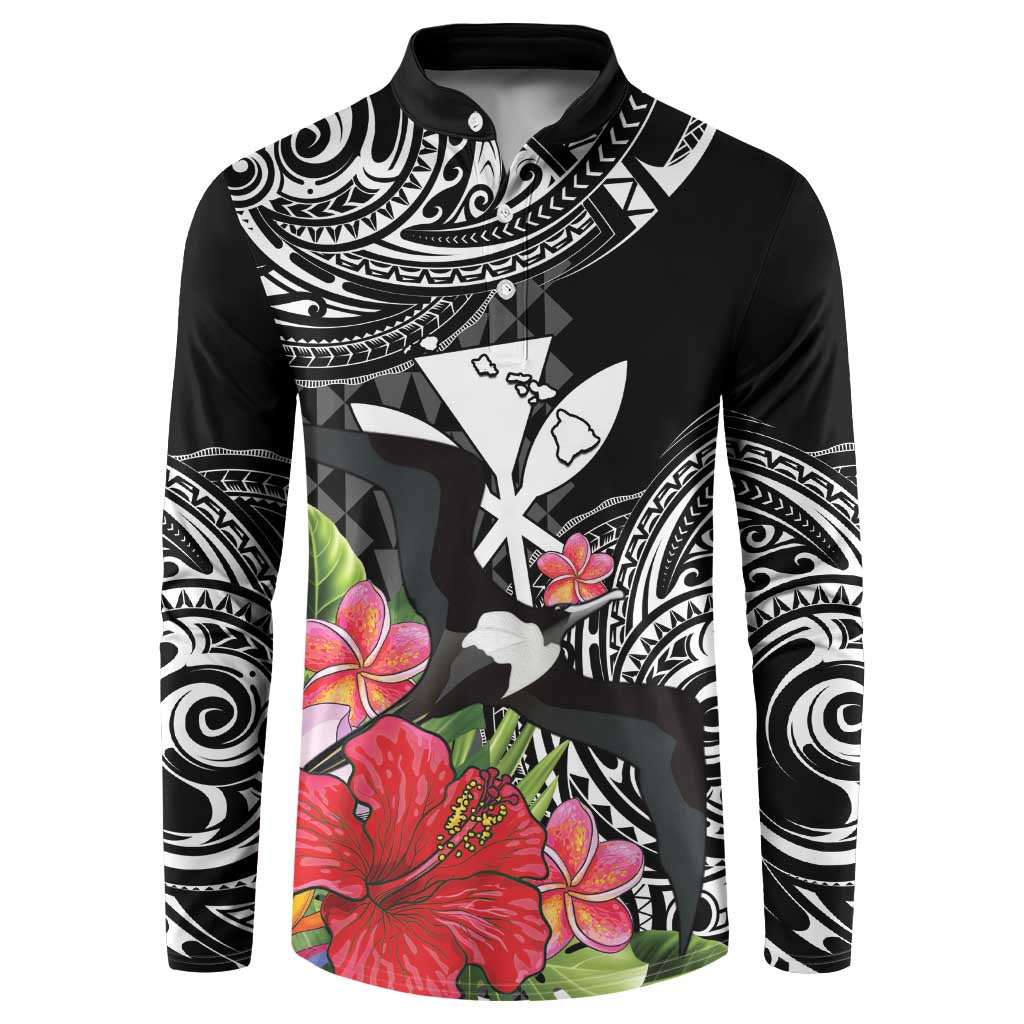 Hawaii Iwa Bird Button Sweatshirt Great Frigatebird Kanaka Tropical Flowers LT14 Black - Polynesian Pride