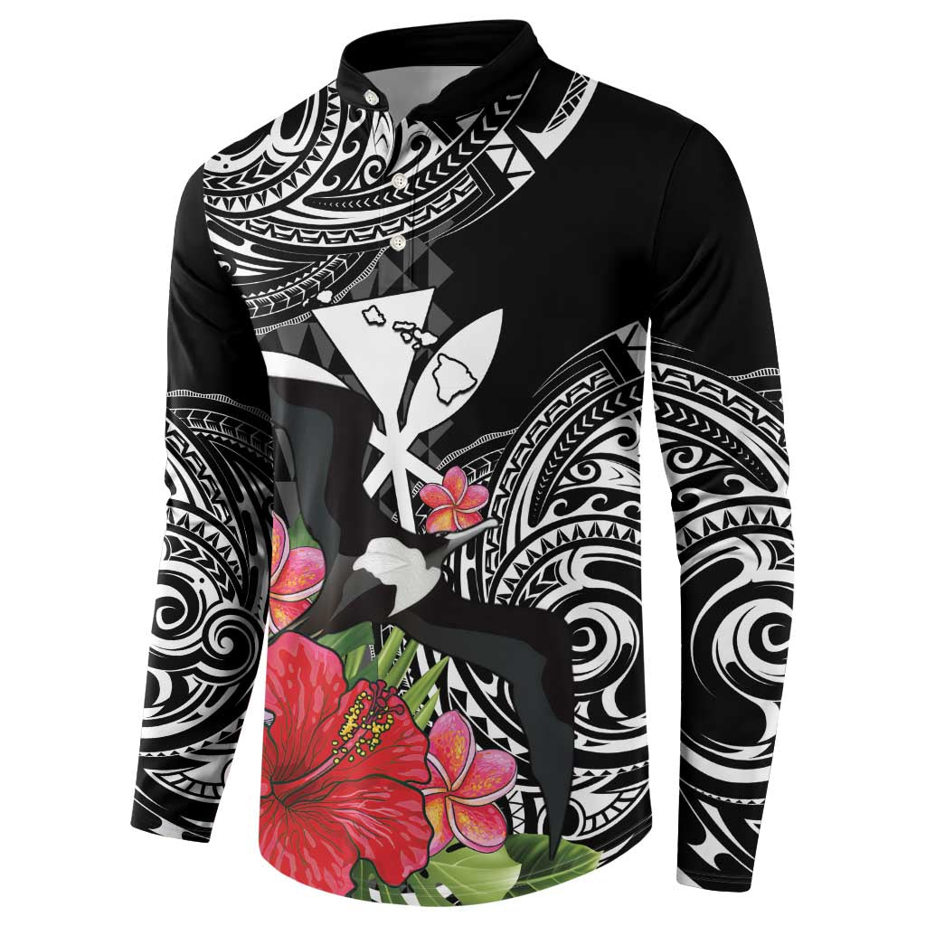 Hawaii Iwa Bird Button Sweatshirt Great Frigatebird Kanaka Tropical Flowers LT14 - Polynesian Pride