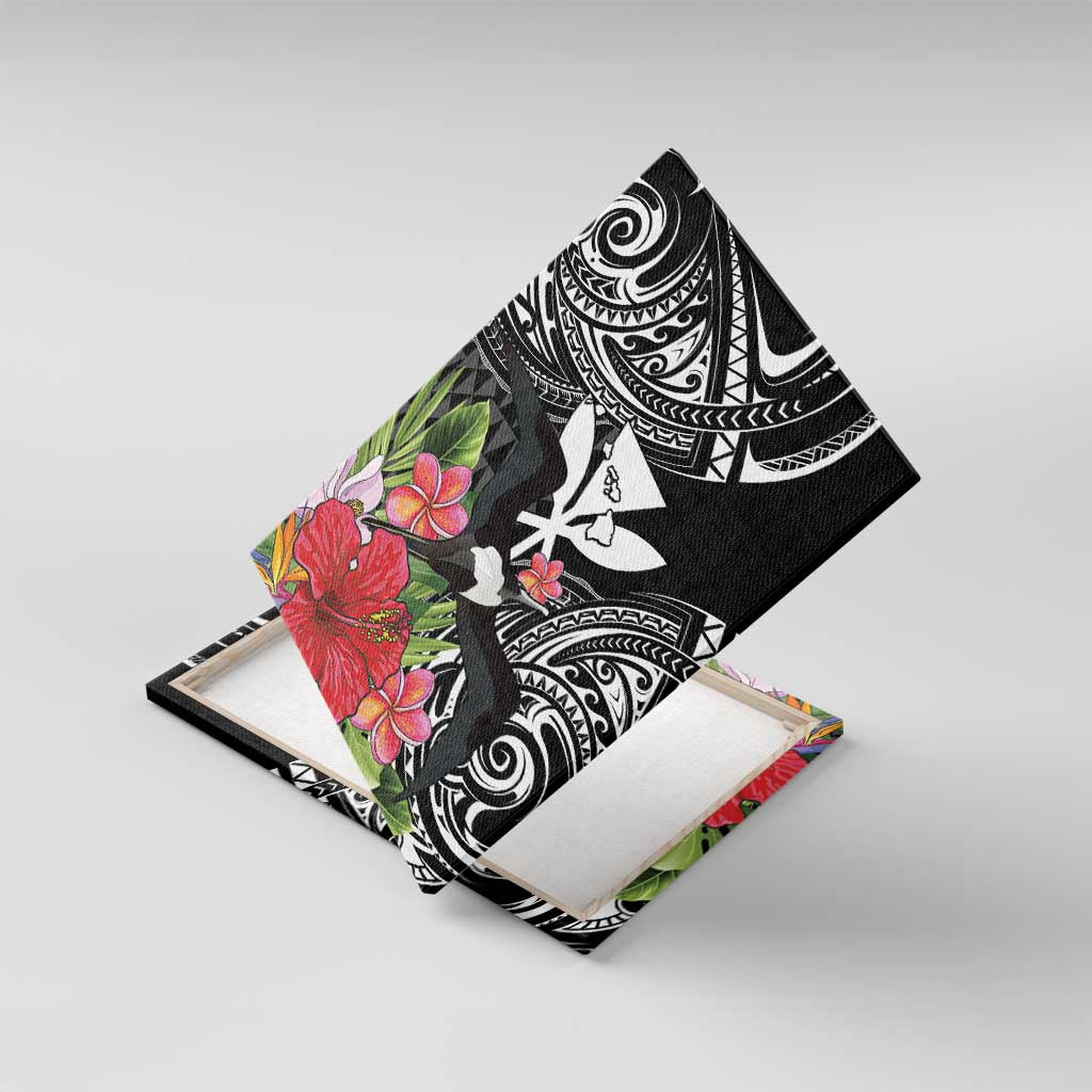Hawaii Iwa Bird Canvas Wall Art Great Frigatebird Kanaka Tropical Flowers LT14 With Frame Black - Polynesian Pride