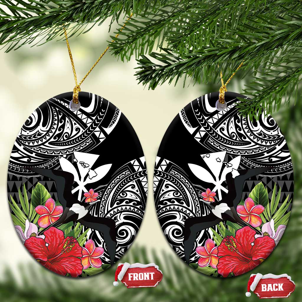 Hawaii Iwa Bird Ceramic Ornament Great Frigatebird Kanaka Tropical Flowers LT14 Oval Black - Polynesian Pride