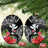 Hawaii Iwa Bird Ceramic Ornament Great Frigatebird Kanaka Tropical Flowers LT14 Oval Black - Polynesian Pride
